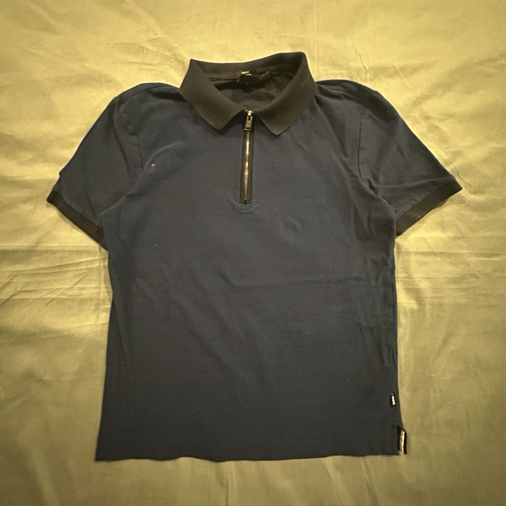 Hugo Boss Polo Quarter Zip Slim Fit Mercerized Shirt Navy Blue Mens Medium